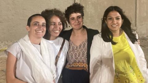 Mada Masr said Editor-in-Chief Lina Attalah, journalists Rana Mamdouh, Sara Seif Eddin amd Beesan Kassab were released on bail on Wednesday evening after by questioned at the Cairo Appeals Prosecution (7 September 2022)
