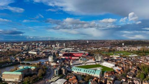 A general aerial view of Nottinghamshire, showing the City Ground in Rushcliffe, County Hall and the Trent Bridge Cricket Ground. Trent Bridge can also be seen with Nottingham in the background
