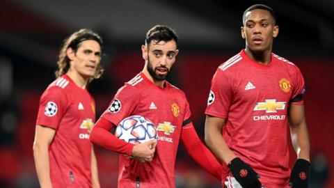 Man Utd's Edinson Cavani, Bruno Fernandes and Anthony Martial