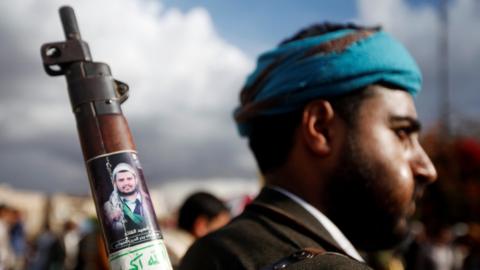 A Houthi supporter attends a rally to mark the first anniversary of the killing of Saleh al-Sammad, who was the head of Houthi movement"s Supreme Political Council, by an air strike, in Sanaa, Yemen April 19, 2019.