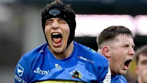 Dafydd Jenkins of Exeter celebrates winning a scrum penalty against Munster