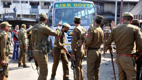 Police at the site of the blast in Jammu city on 7 March 2019.