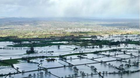 Aerial picture of flooded fields in Westbury, Shropshire. Picture by BBC Weather Watcher Deemel