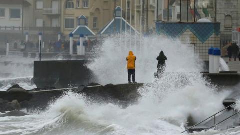 Waves crash against the breakwater during Storm Ciara at Wimereux, France