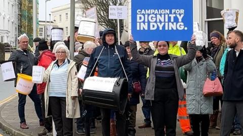 Demonstrators ahead of proposed assisted dying law change debate
