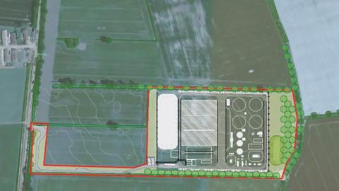 Drawing of the location of the proposed anaerobic digester on Long Lane near High Catton. It shows a large green area, with the digester in the bottom right, surrounded by trees