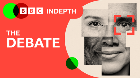 Graphic of a face made up of different faces, with the BBC InDepth logo and The Debate written in large letters against a red background.