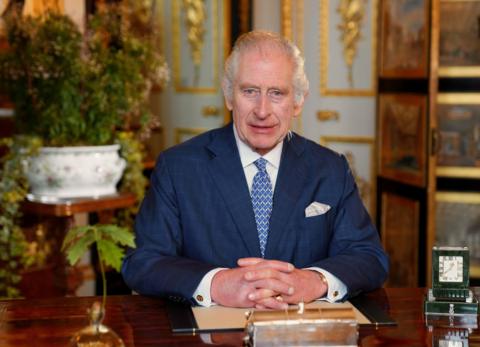 King Charles III during the recording of the Commonwealth Day message.