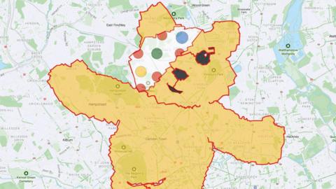 Outline of yellow Pudsey bear over map of London