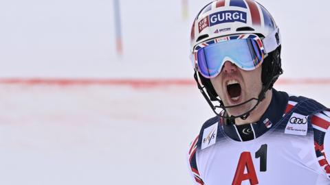 Dave Ryding celebrates after finishing second at the World Cup slalom in Kitzbuhel in January