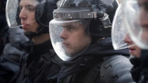 Russian police officer in a helmet