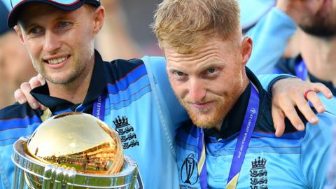 Ben Stokes with Joe Root after England won the World Cup in 2019