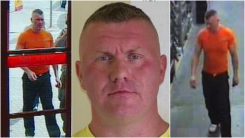 Composite image of Raoul Moat mugshot and CCTV of him on the run