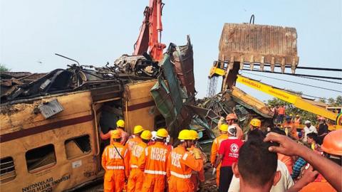 Members of the National Disaster Response Force (NDRF) conduct rescue operation at the site of train crash in Vizianagaram district of India's Andhra Pradesh state on October 30, 2023. A