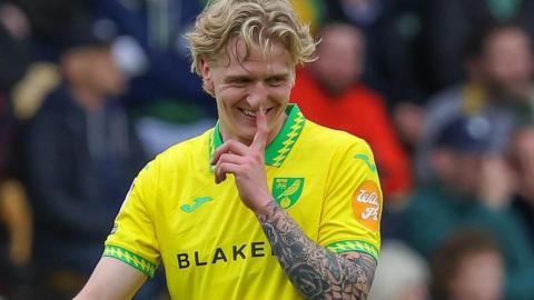 Pelle Mattsson of Norwich City scores a goal and celebrates against Portsmouth