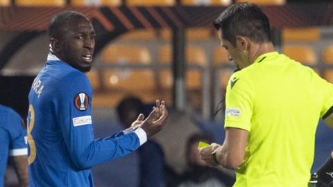 Glen Kamara (left) is sent off for Rangers