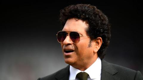 Former Indian cricketer Sachin Tendulka is pictured during the resumption of the weather affected Semi-Final match of the ICC Cricket World Cup 2019 between India and New Zealand at Old Trafford on July 10, 2019 in Manchester, England.