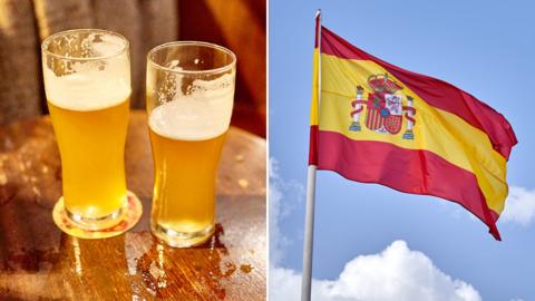 SPLIT IMAGE:

LEFT: Pint glasses on a pub table, 

RIGHT: A Spanish flag flying in the sky