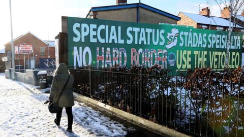 A 'no hard border' sign in Belfast