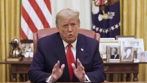 U.S. President Donald Trump speaks in a video message released via Twitter in Washington, U.S. January 13, 2021.