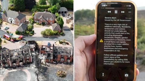 Split image showing damaged houses in a residential area to the left; and to the right a close up of a person holding up a phone showing a UK Government alert for wildfires