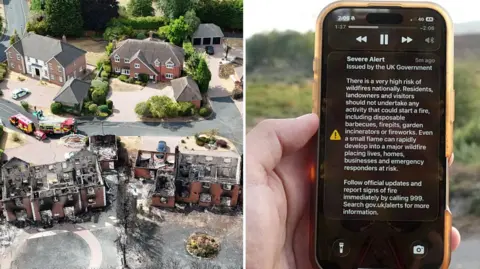 Split image showing damaged houses in a residential area to the left; and to the right a close up of a person holding up a phone showing a UK Government alert for wildfires