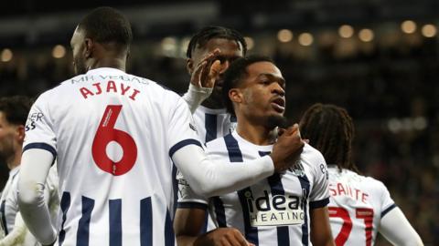 West Brom celebrate Grady Diangana's goal against Leeds