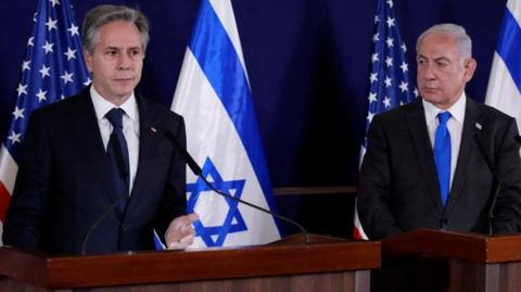 US Secretary of State Antony Blinken and Israel’s Prime Minister Benjamin Netanyahu in Tel Aviv, Israel, on 12 October 2023