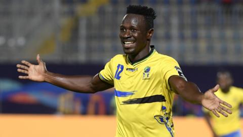 Tanzania's Simon Msuva celebrating a goal at the 2019 Africa Cup of Nations