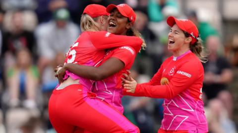 Hayley Matthews and Tammy Beaumont celebrate as Welsh Fire beat Southern Brave