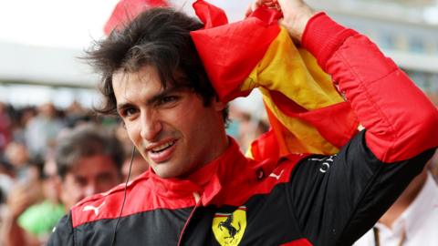 Carlos Sainz celebrates winning the British Grand Prix