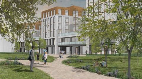 An artists impression of the proposed hotel. 6 storeys in height, mostly grey with the top floor brown. Trees and green area in front with people on a path.