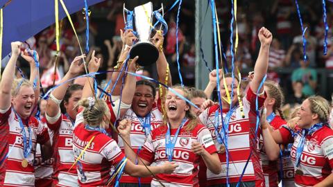 Gloucester-Hartpury celebrate winning the Premier 15s title