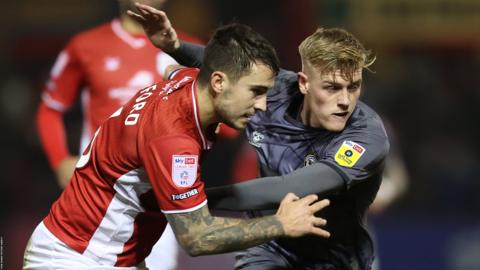 Will Evans of Newport County and Luke Offord of Crewe Alexandra