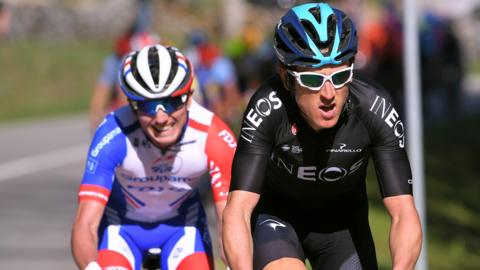 Team Ineos rider Geraint Thomas on the attack during stage one of the Tour de Romandie