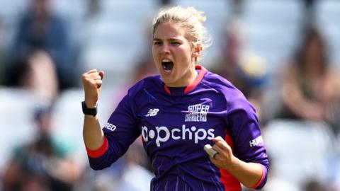 Lucy Higham celebrating a wicket for Northern Superchargers