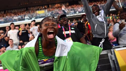 Ese Brume celebrates winning women's long jump gold for Nigeria