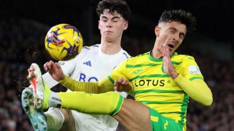  Archie Gray of Leeds United is challenged by Dimitris Giannoulis of Norwich City during the Sky Bet Championship match between Leeds United and Norwich City at Elland Road on January 24, 2024 in Leeds, England.