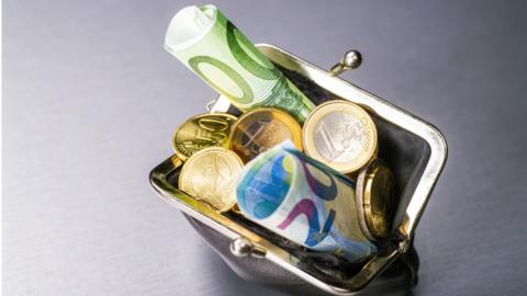 A purse holding euro coins and notes