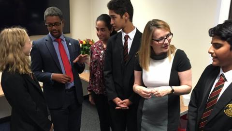 Welsh Health Sec Vaughan Gething and Education Secretary Kirsty Williams with pupils at Crickhowell High School discussing mental health challenges for teenagers