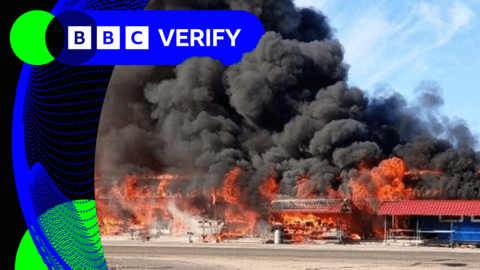 An image of the blast in the Kherson region imposed over the BBC Verify colours and branding. 