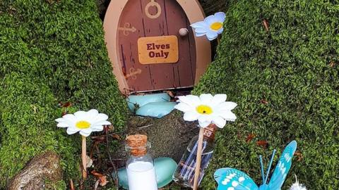 A miniature door and decorations at the base of a tree in Withybush Woods, saying "Elves only"