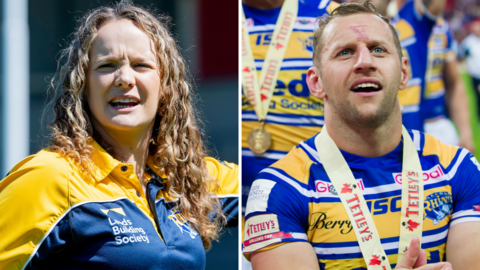 Split picture of coach Lois Forsell and Rob Burrow with his Challenge Cup winners medal in 2014