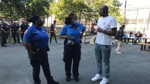 Policewomen that work in Community Affairs attended the birthday celebration for Davell Gardner Junior in Bedford-Stuyvesant, New York, on September 12, 2020.