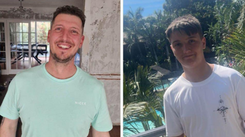 A composite image of Peter Webb and his son Ben. Peter Webb is on the left and has dark hair, cut short at the sides and has a short beard on his chin. He is wearing a light green T-shirt. The picture of Ben is on the right. He is wearing a white T-shirt and is standing at a hotel resort with palm trees and a swimming pool in the background.
