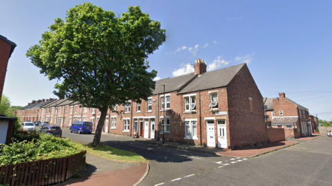 Multiple rows of red-bricked terraced houses with white window frames and varying colours of doors. There is a tall, green tree on the street in the foreground and cars parked on either side of the road.