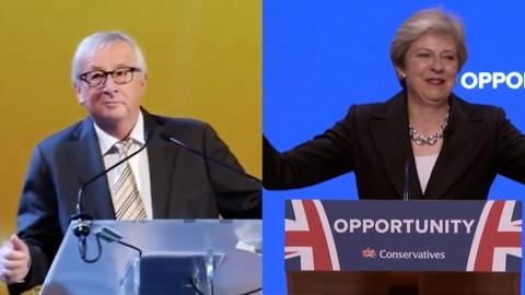 Composite of Jean-Claude Juncker and Theresa May dancing