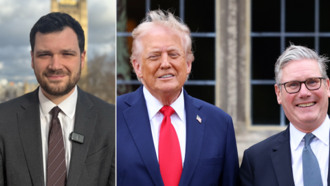 Left of frame: BBC correspondent, Henry Zeffman. He is wearing a suit and tie. He is standing on a balcony with Westminster in the background. On the right of the frame: US President Donald Trump stands next to UK Prime Minister Keir Starmer.