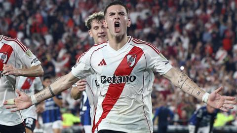 Franco Mastantuono celebrates scoring for River Plate