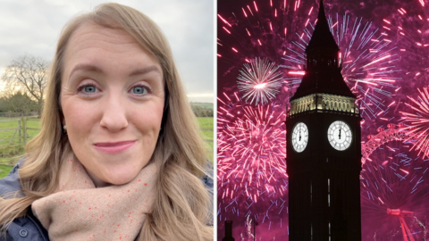 BBC Presenter on the left of the image. Big Ben surrounded by a burst of pink fireworks on the right.